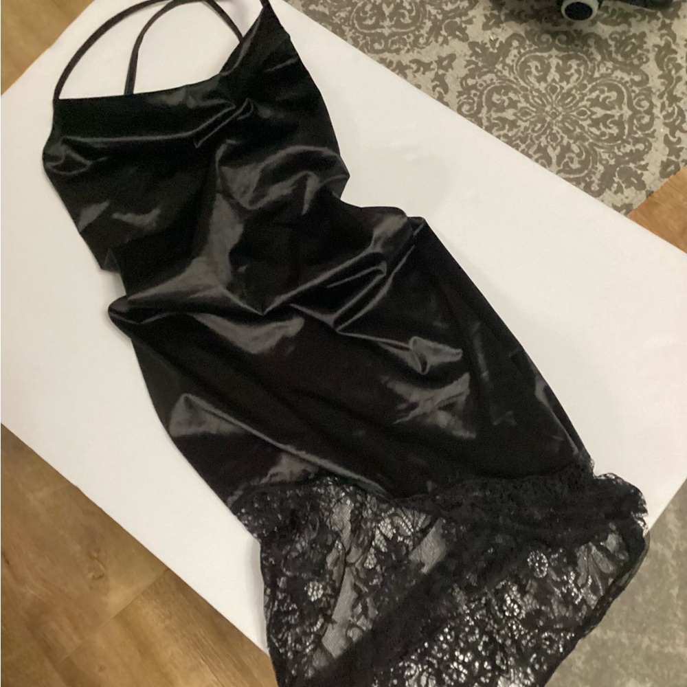 New Sexy Black Satin Slip Dress w/ Lace Hem - Adjustable Back Straps - size S